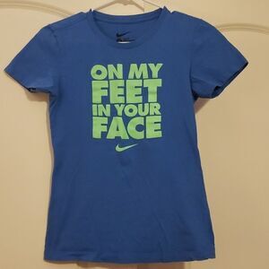 Nike Womens Slim Fit Short Sleeve T-Shirt Adult Size Small Blue Green Logo‎